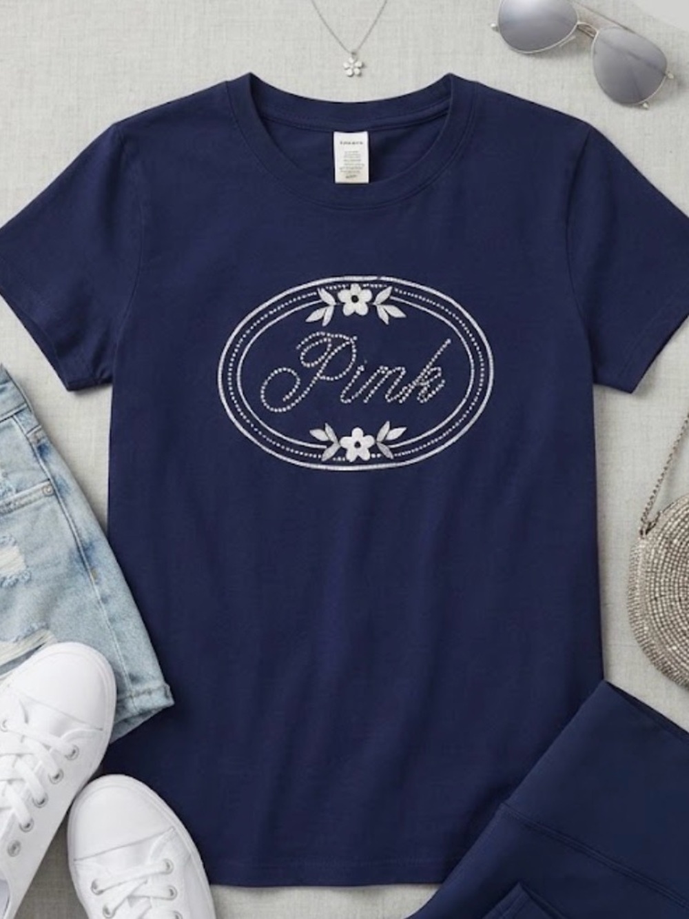 PINK Victoria's Secret Navy Short-Sleeve Tee with Rhinestone Logo